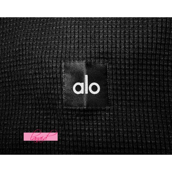 Alo Waffle Weekend Escape Mock Neck Long Sleeve Black Turtleneck Thermal Sweater - Picture 7 of 10